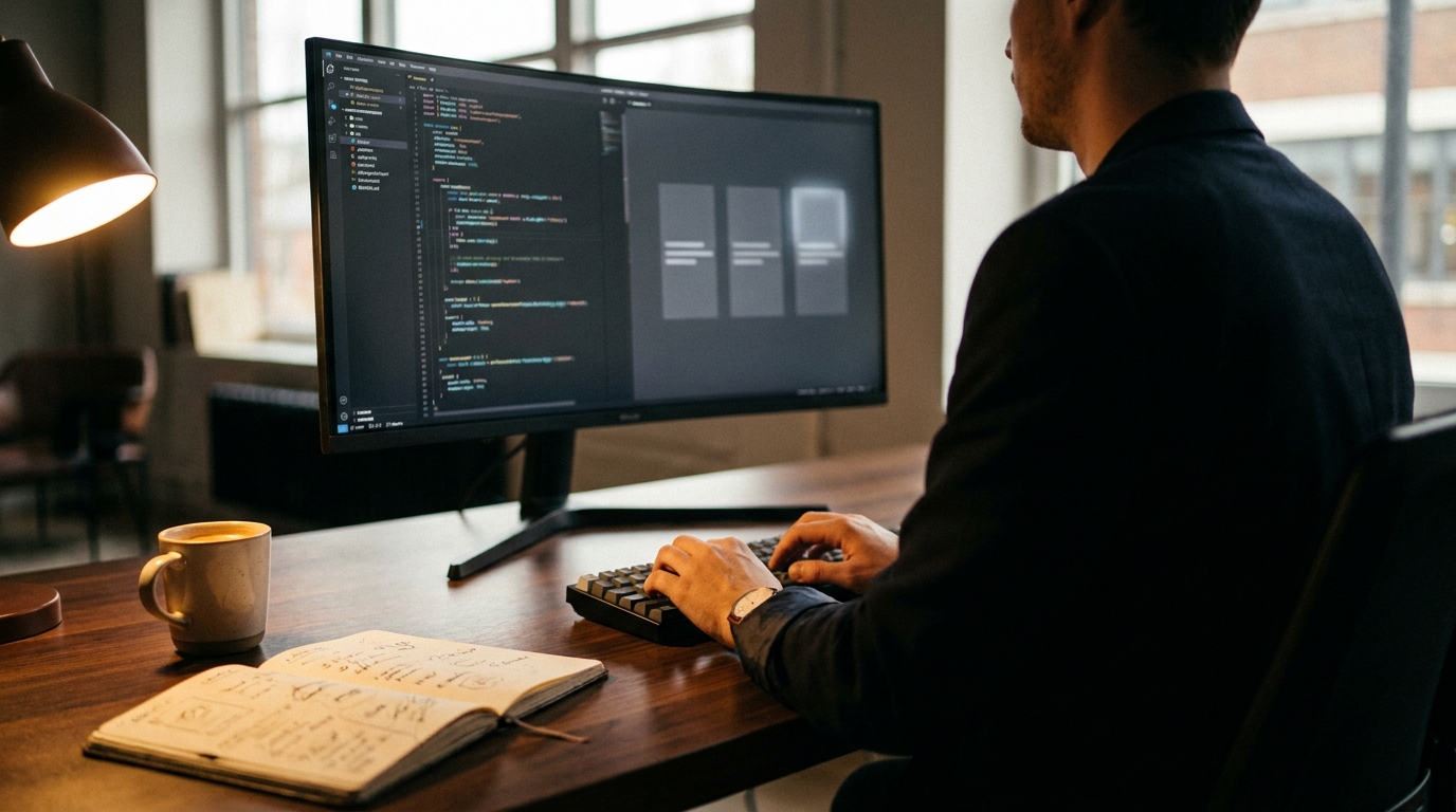 Frontend engineer coding skeleton loading states on a monitor at a modern dark walnut desk