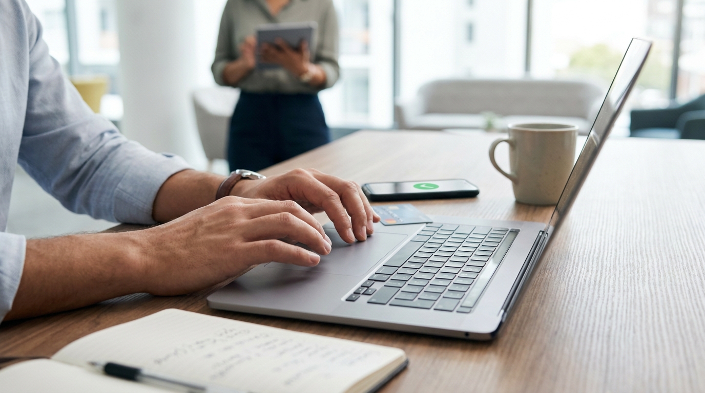 Customer hands typing on a laptop during a checkout form usability test at a clean modern desk