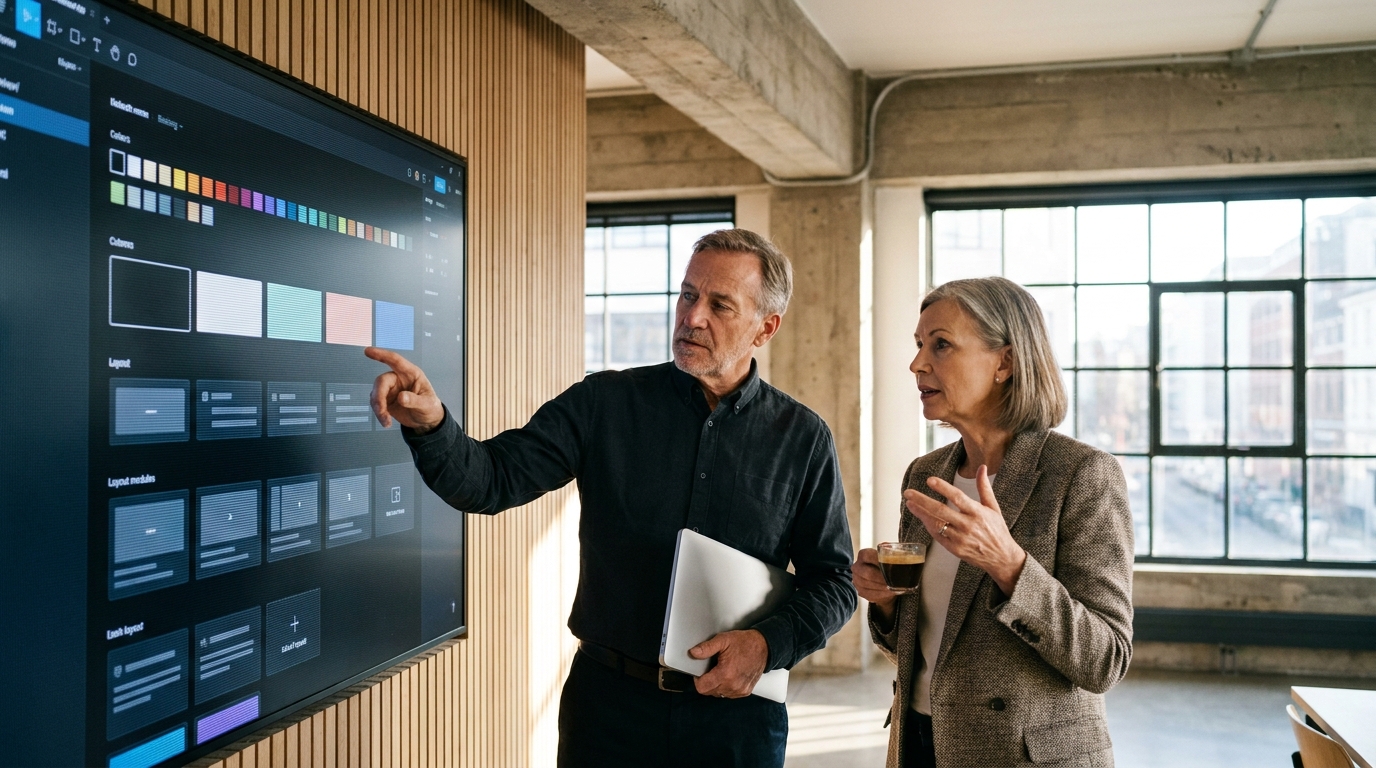 Design systems architect and software engineer discussing UI tokens in front of a high-resolution display in a modern studio