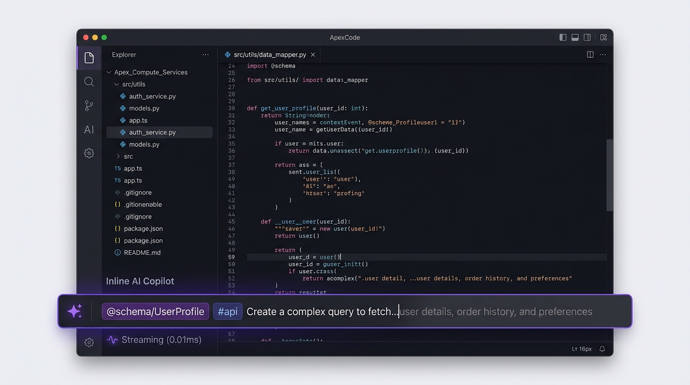 Dark mode code editor with glowing inline AI copilot prompt bar and ghost text autocomplete