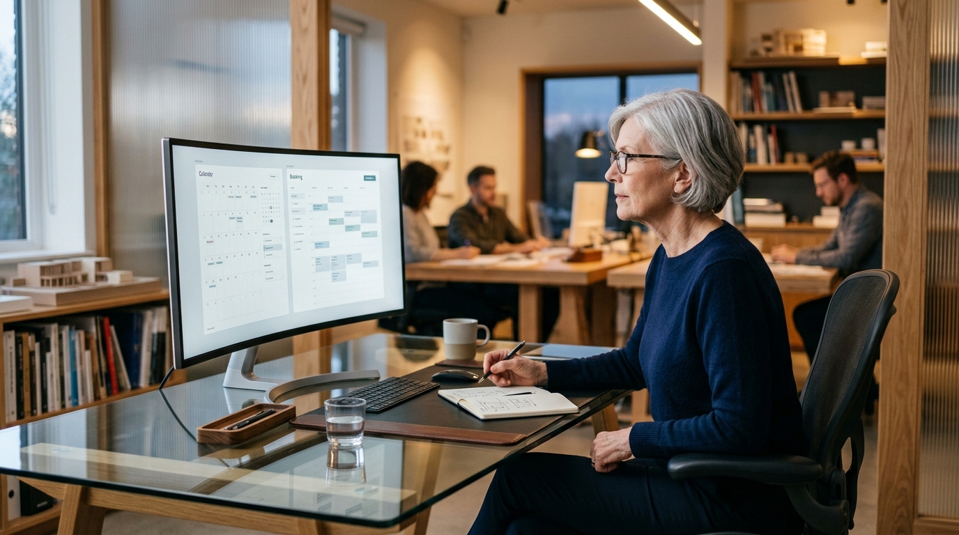 Senior UI designer reviewing calendar and booking interface layouts on widescreen studio monitor