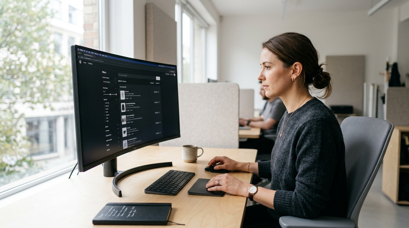 Product designer analyzing dark mode faceted search filters and query taxonomy on widescreen curved monitor