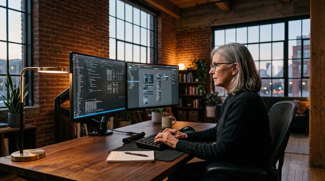 Senior design systems architect reviewing complex design token schemas across dual 4K monitors in modern studio
