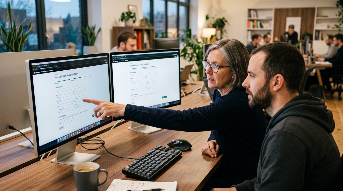 Senior UX architect and frontend engineer reviewing multi-step form stepper and validation state architecture on workstation displays
