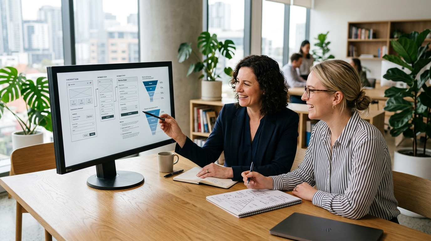 Ecommerce product director and growth UX strategist reviewing high converting checkout conversion flows on studio monitor