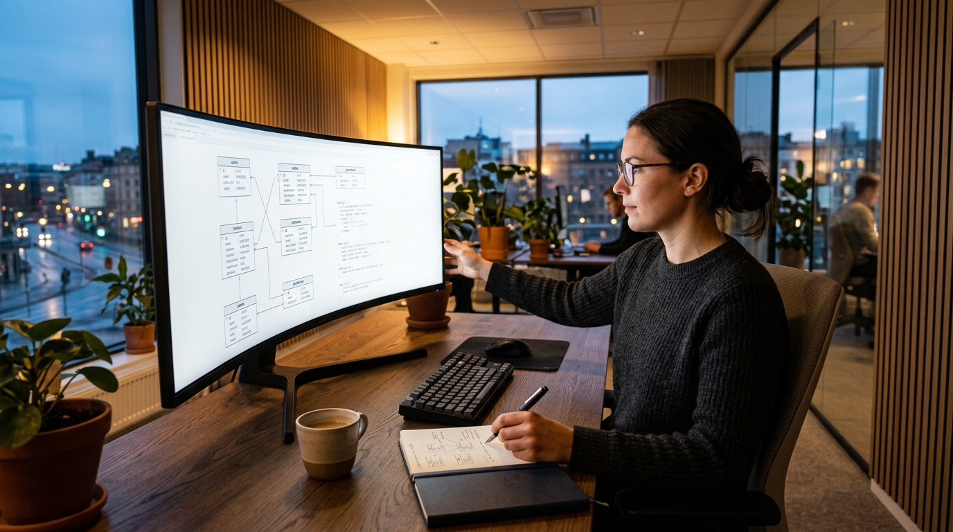 Full-stack software engineer analyzing relational database schemas on large curved ultrawide monitor in Scandinavian tech office