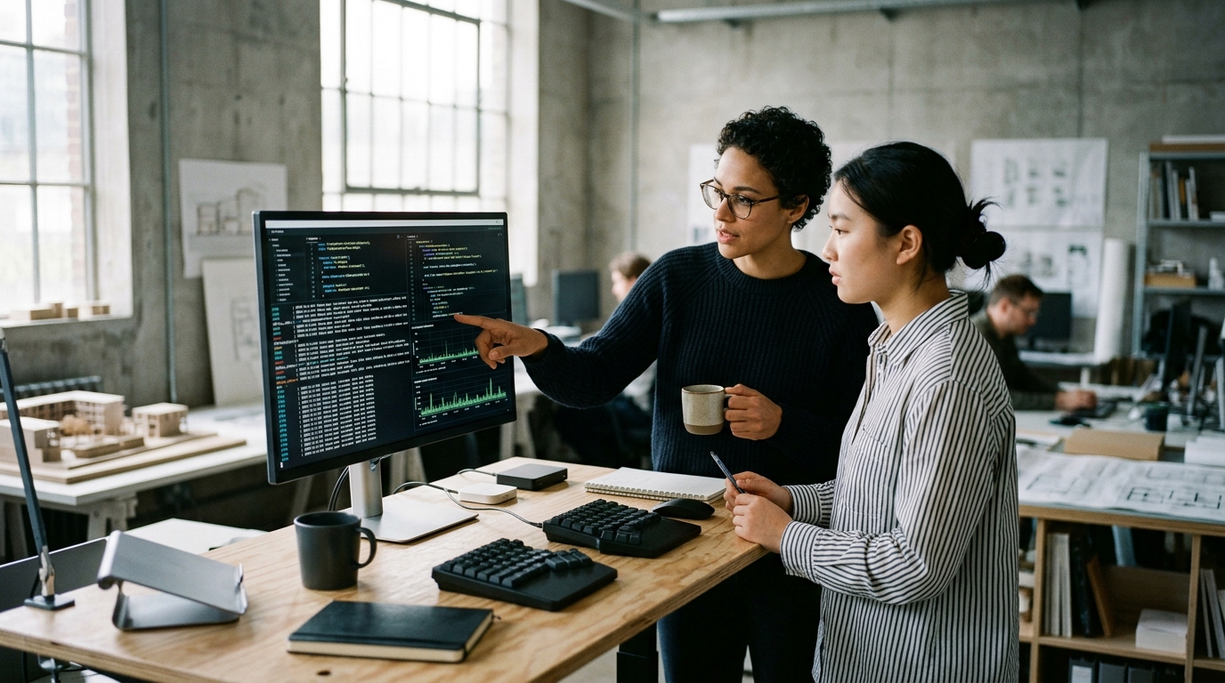 Two modern cloud frontend engineers collaborating at a standing desk reviewing deployment telemetry in architectural studio
