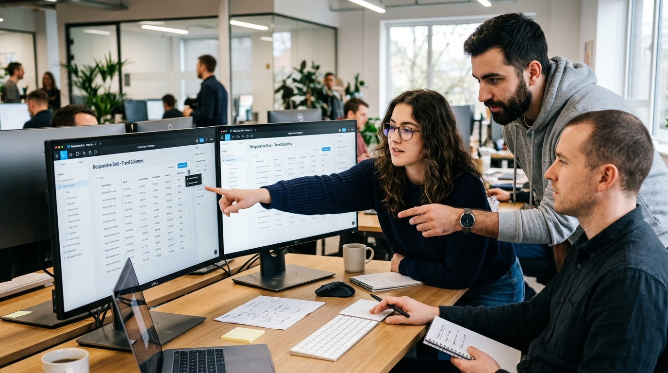 Product designers and front end engineer collaborating on responsive data table layouts with frozen columns on dual monitors