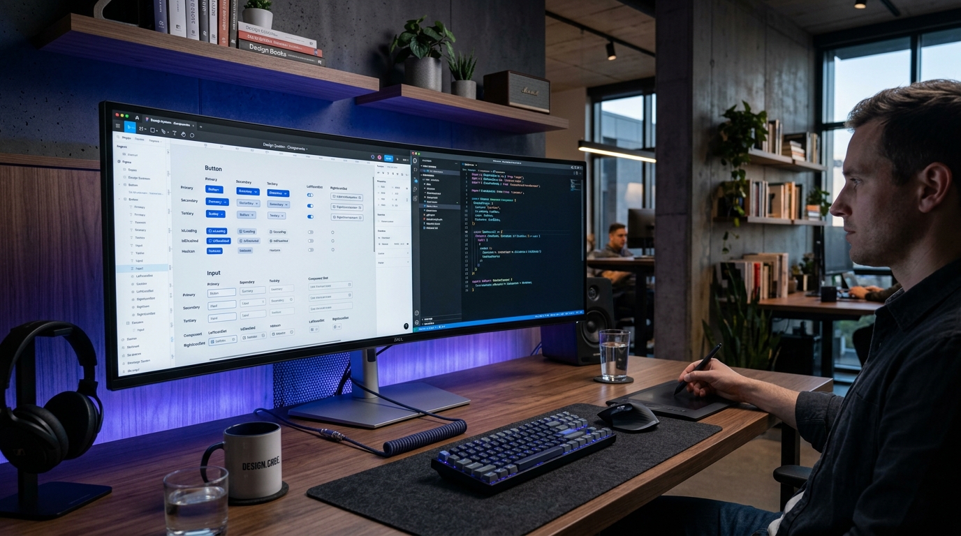 Design System Engineer Working on Figma Component Sheet with Boolean Props and React Code Parity 2026