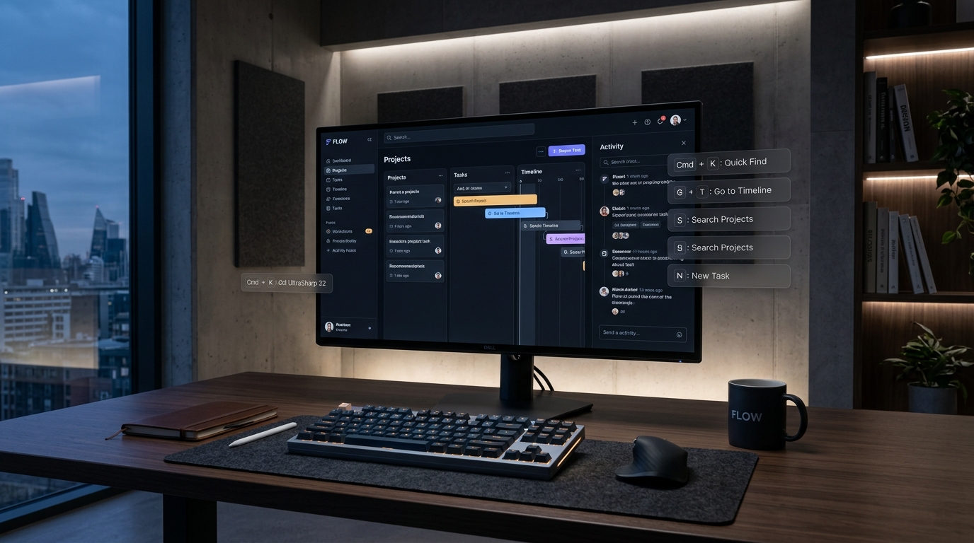 Minimalist Design Studio Desk with Mechanical Keyboard and Dark Mode SaaS Command Shortcuts HUD 2026