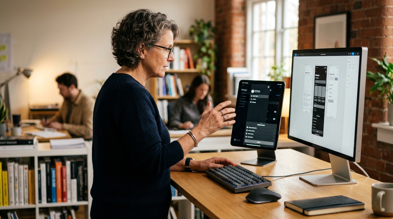Senior UI designer evaluating mobile bottom sheet and desktop modal dialog ergonomics on studio displays