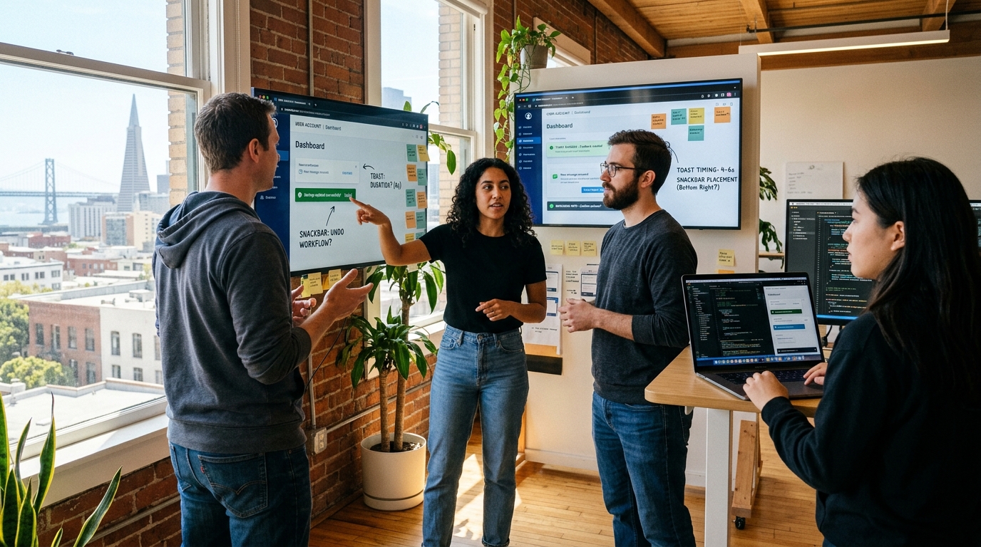 Agile product design team analyzing web toast notifications and snackbar interaction timing in a modern software studio