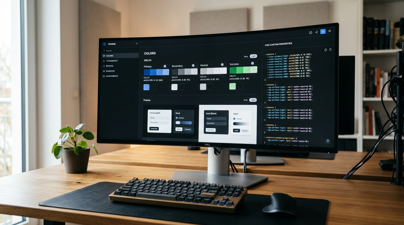 Curved monitor displaying design system OKLCH color palettes and CSS custom property tokens