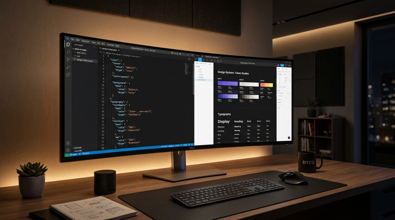 W3C design tokens DTCG JSON syntax and design system color scales on an ultrawide monitor