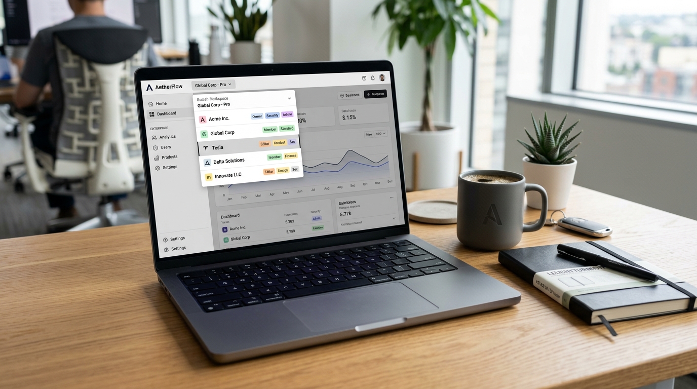 B2B SaaS organization tenant switcher dropdown menu on laptop screen