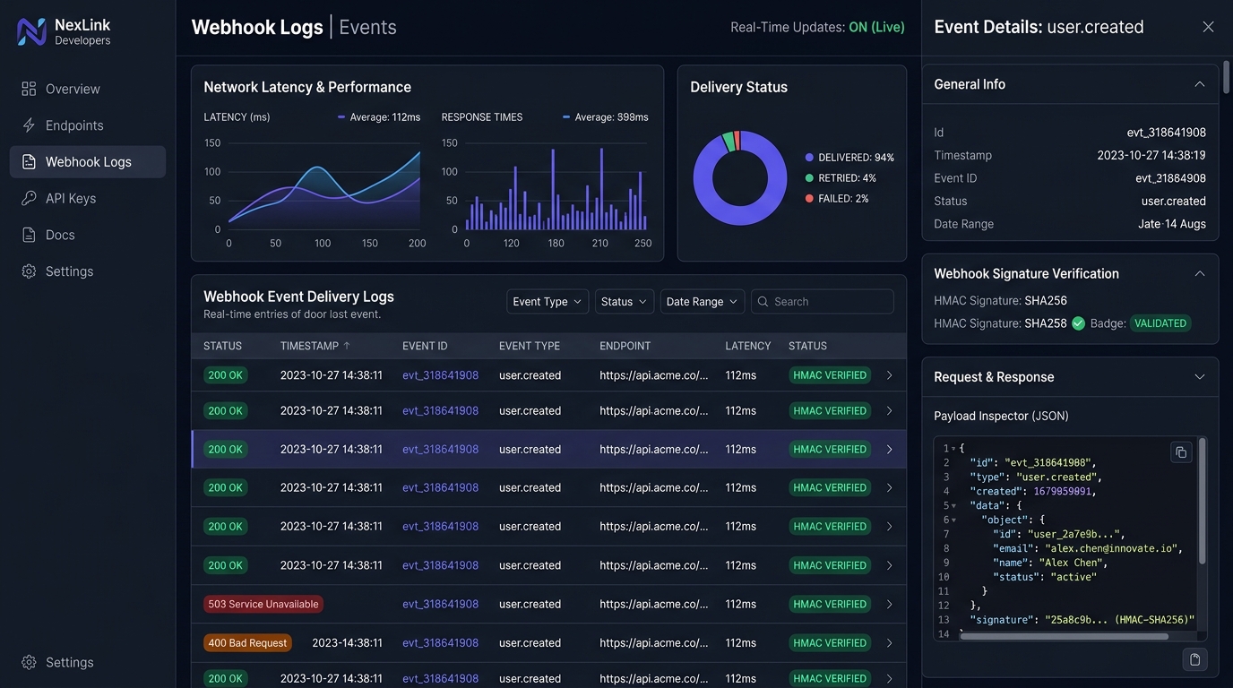 B2B SaaS Webhook Management and Event Log Interface Architecture